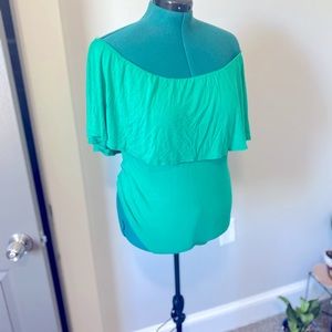 Green off shoulder top with snap bottom